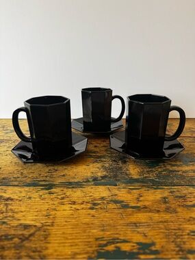 Black Octime Coffee Cup and Saucer Set - 3 Piece Arcoroc France